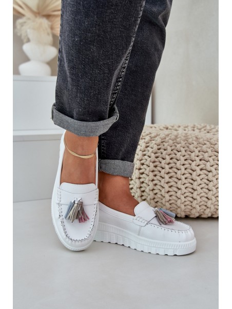 Leather Women's Moccasins With Fringes On Platform And Wedge White Eleazetta