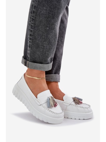 Leather Women's Moccasins With Fringes On Platform And Wedge White Eleazetta