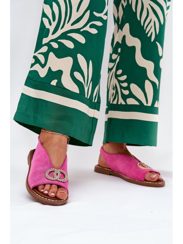 Ladies Sandals With Decoration On Flat Heel Eco Suede Pink Ralisses