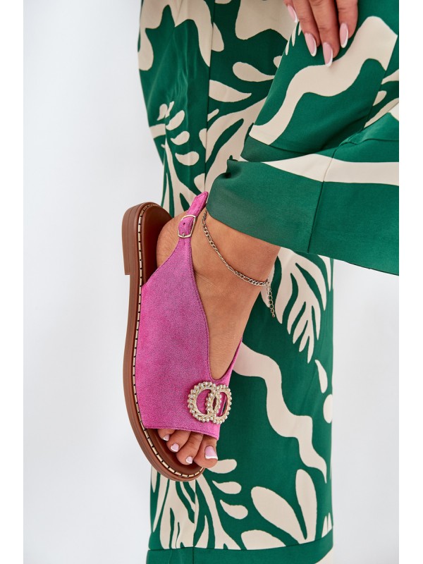 Ladies Sandals With Decoration On Flat Heel Eco Suede Pink Ralisses