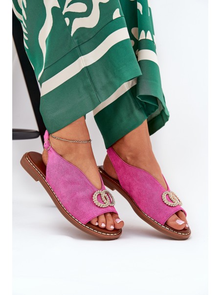 Ladies Sandals With Decoration On Flat Heel Eco Suede Pink Ralisses