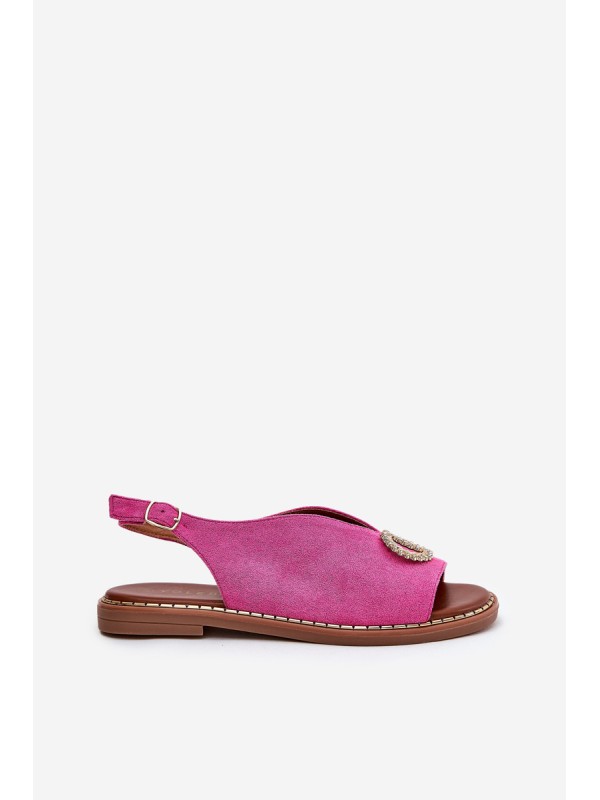 Ladies Sandals With Decoration On Flat Heel Eco Suede Pink Ralisses
