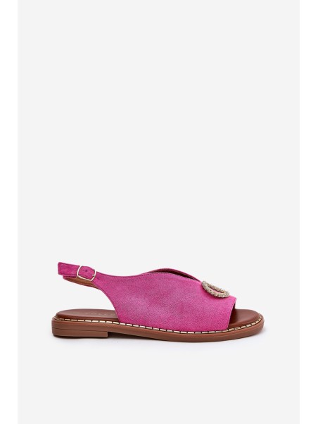 Ladies Sandals With Decoration On Flat Heel Eco Suede Pink Ralisses
