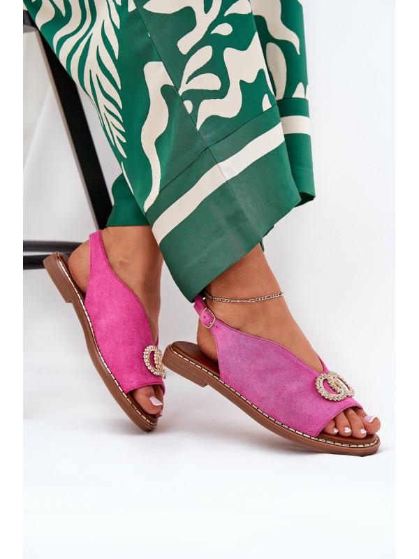 Ladies Sandals With Decoration On Flat Heel Eco Suede Pink Ralisses