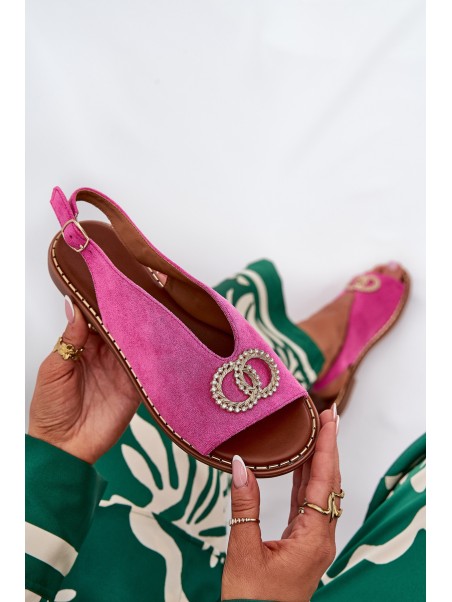Ladies Sandals With Decoration On Flat Heel Eco Suede Pink Ralisses