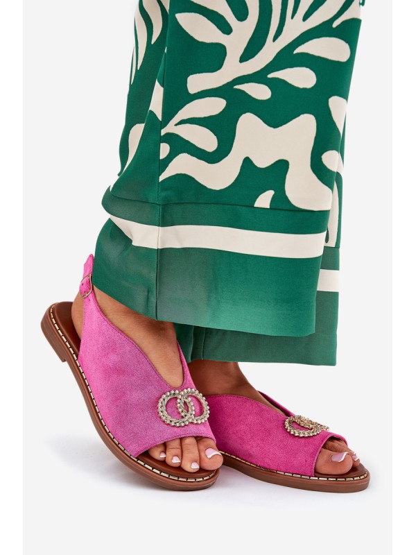 Ladies Sandals With Decoration On Flat Heel Eco Suede Pink Ralisses