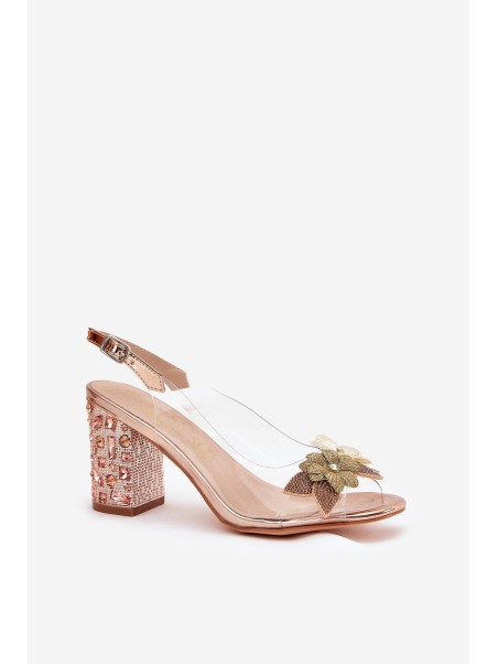 Transparent Sandals With Flowers On Decorated Heel MR38-331 Rose Gold D&A