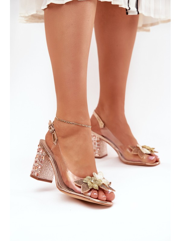 Transparent Sandals With Flowers On Decorated Heel MR38-331 Rose Gold D&A
