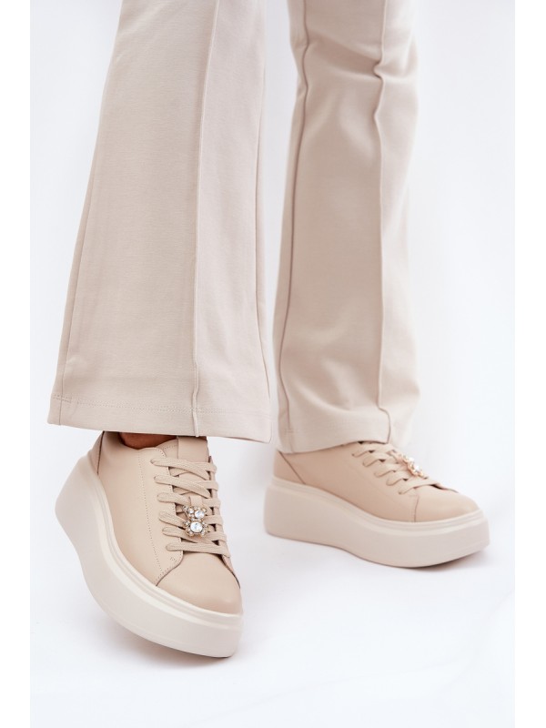 Ladies Leather Sports Shoes On Platform With Clip Vinceza 39922 Beige