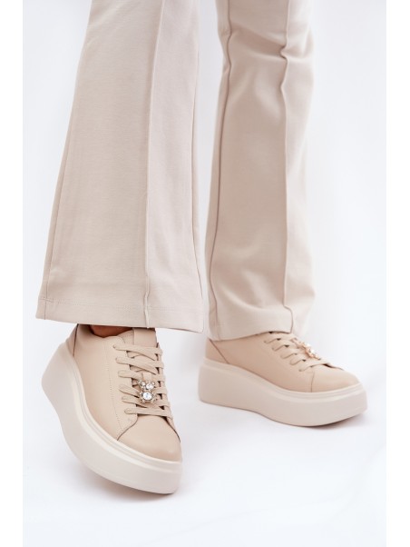 Ladies Leather Sports Shoes On Platform With Clip Vinceza 39922 Beige