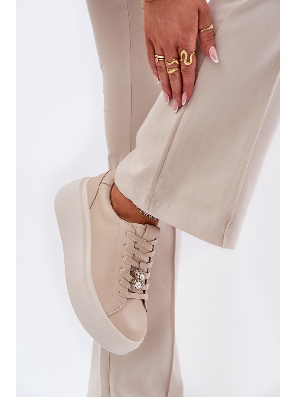 Ladies Leather Sports Shoes On Platform With Clip Vinceza 39922 Beige