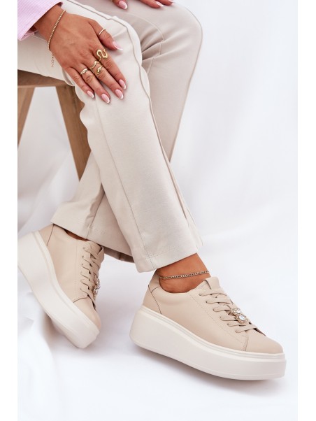 Ladies Leather Sports Shoes On Platform With Clip Vinceza 39922 Beige