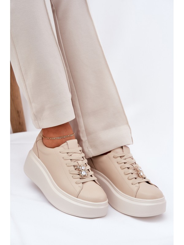 Ladies Leather Sports Shoes On Platform With Clip Vinceza 39922 Beige