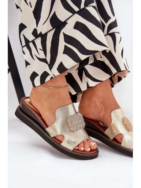 Ladies Wedge Sandals Eco Leather With Decoration Gold Sarela