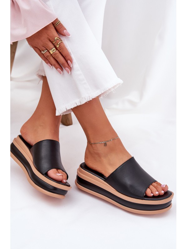 Classic Ladies Slippers On Platform And Wedge Black Florenis