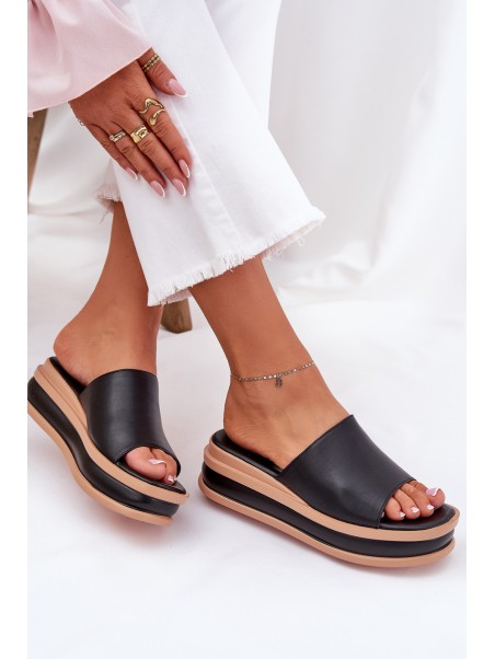 Classic Ladies Slippers On Platform And Wedge Black Florenis