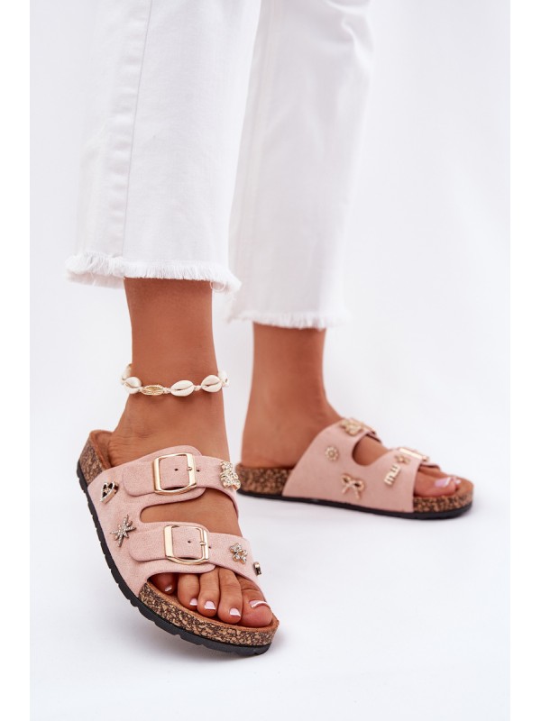 Women's sandals on cork sole with buckles and embellishments light pink Efadelis