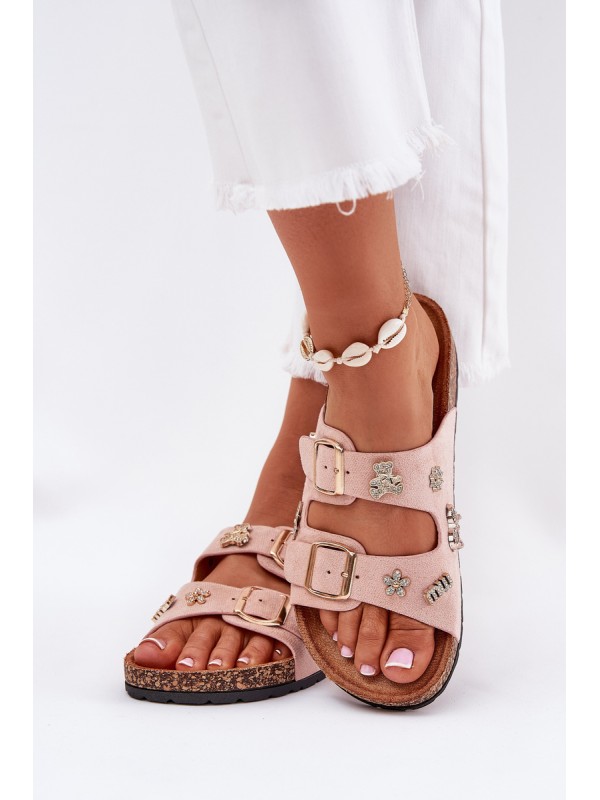 Women's sandals on cork sole with buckles and embellishments light pink Efadelis