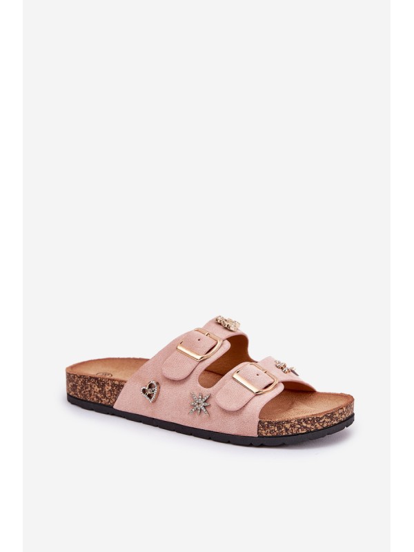 Women's sandals on cork sole with buckles and embellishments light pink Efadelis