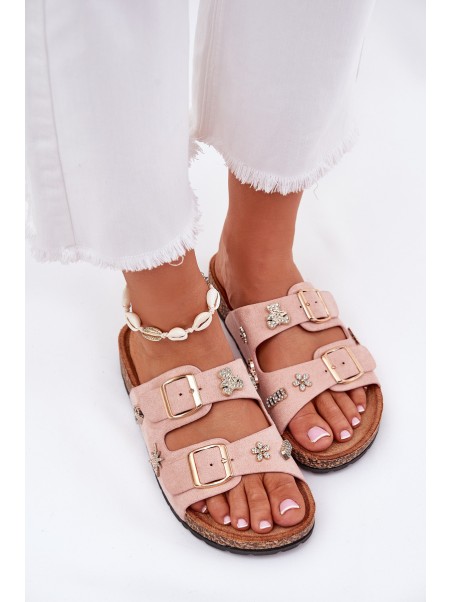 Women's sandals on cork sole with buckles and embellishments light pink Efadelis