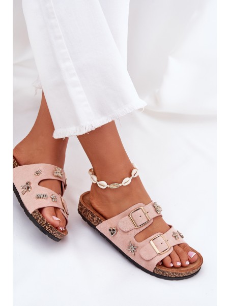 Women's sandals on cork sole with buckles and embellishments light pink Efadelis