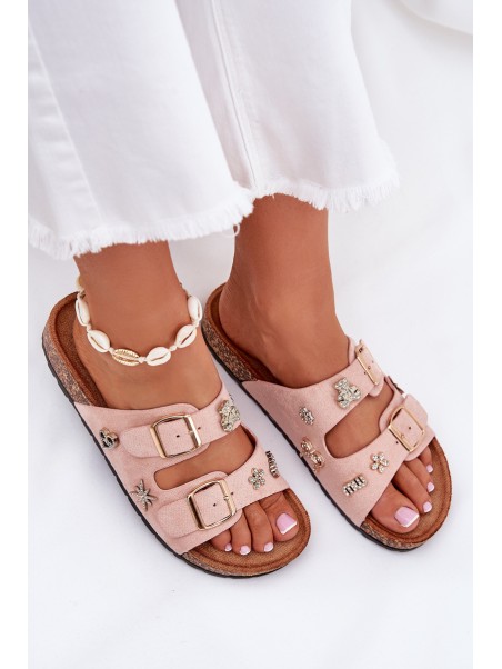 Women's sandals on cork sole with buckles and embellishments light pink Efadelis