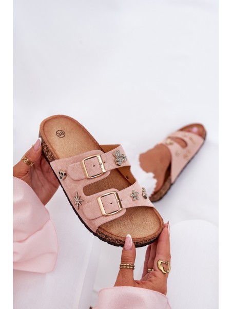 Women's sandals on cork sole with buckles and embellishments light pink Efadelis