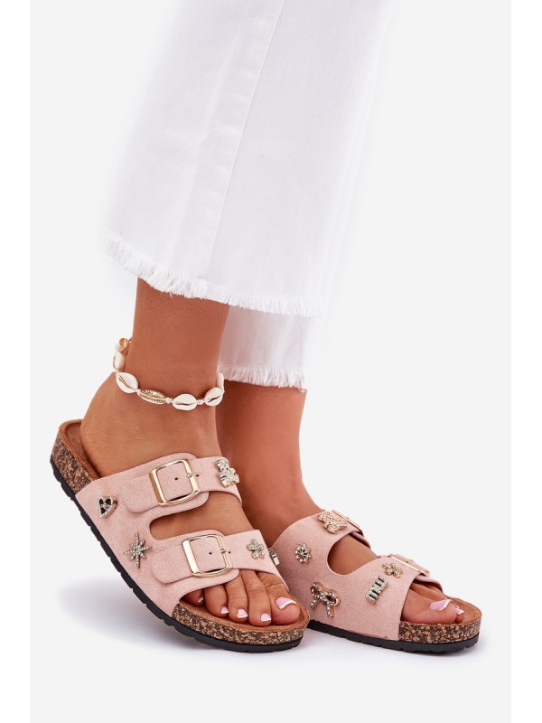 Women's sandals on cork sole with buckles and embellishments light pink Efadelis