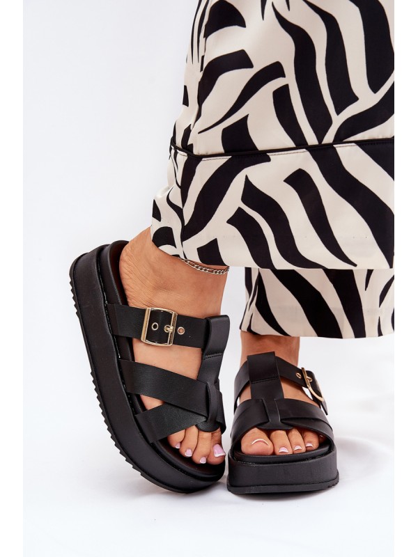 Women's Platform Sandals With Straps And Buckle Black Elimessa