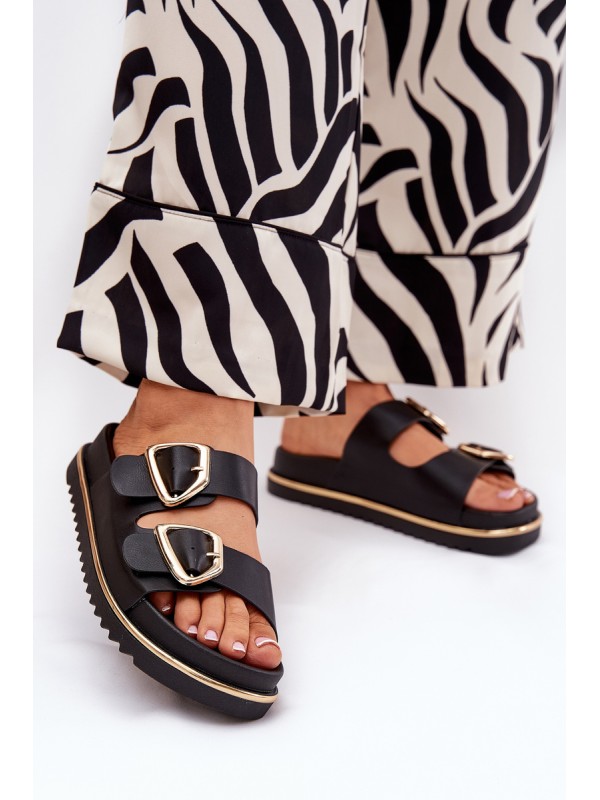 Women's Platform Slippers With Golden Buckles Black Tersele