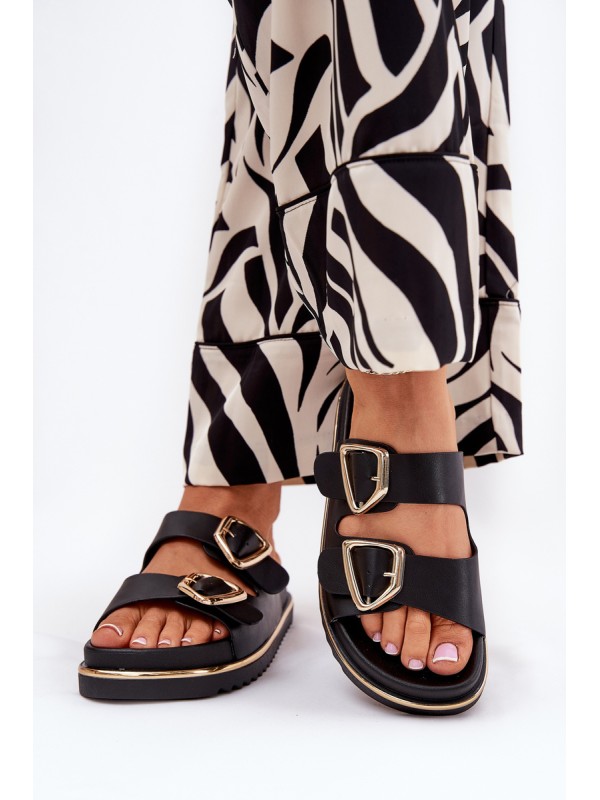 Women's Platform Slippers With Golden Buckles Black Tersele