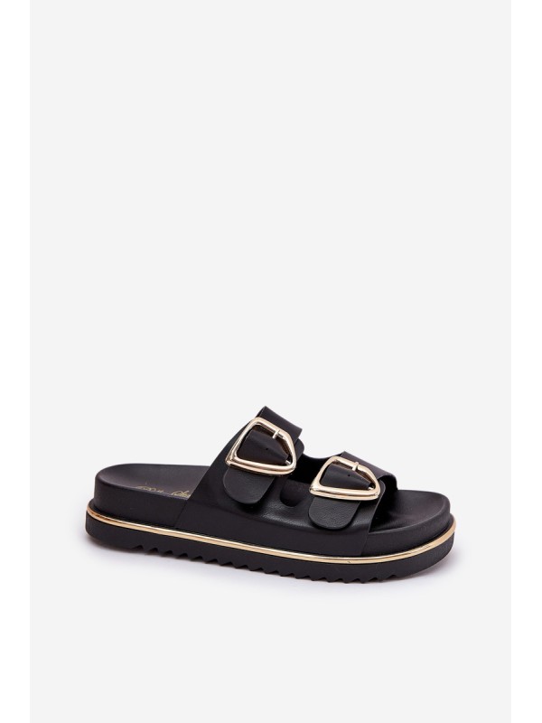 Women's Platform Slippers With Golden Buckles Black Tersele