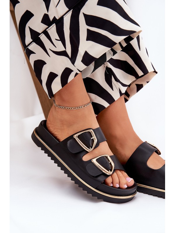 Women's Platform Slippers With Golden Buckles Black Tersele
