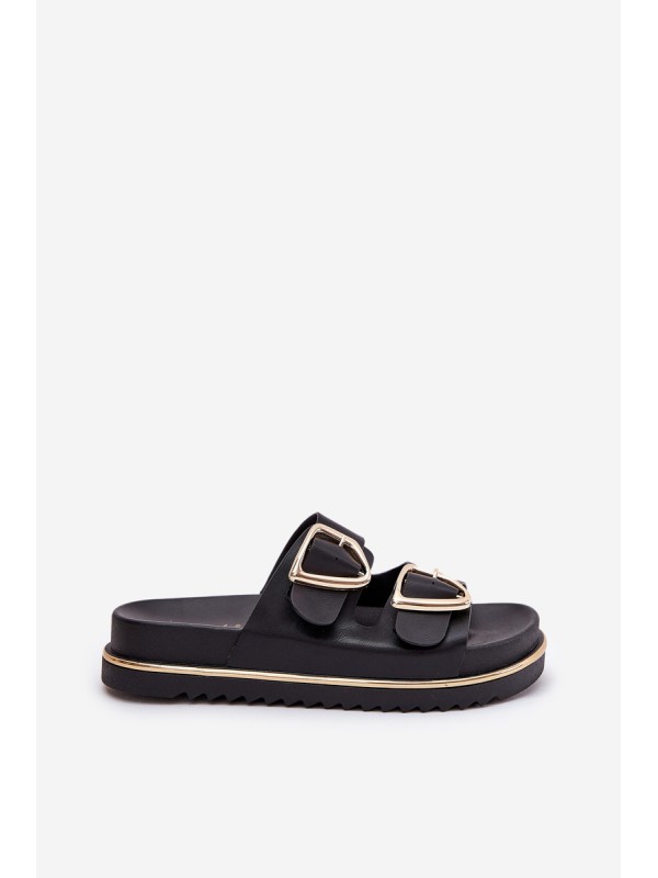 Women's Platform Slippers With Golden Buckles Black Tersele