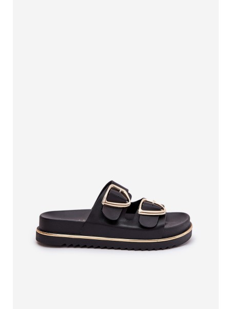 Women's Platform Slippers With Golden Buckles Black Tersele