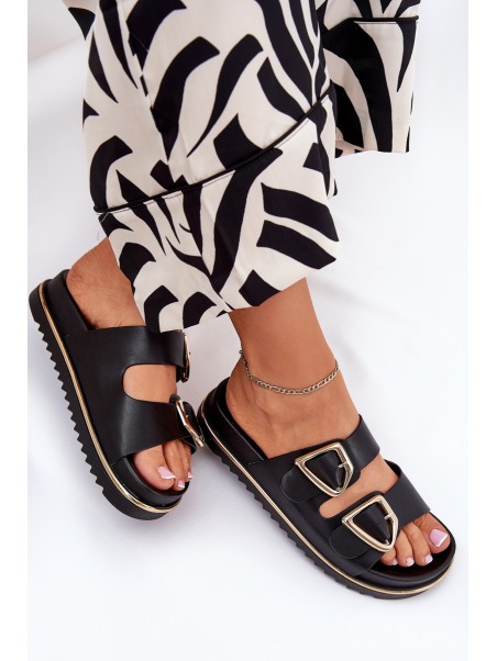 Women's Platform Slippers With Golden Buckles Black Tersele