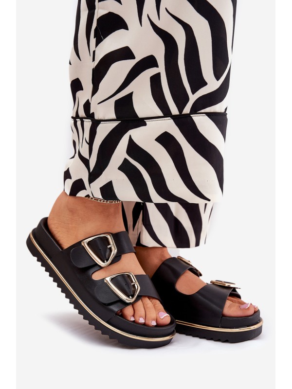 Women's Platform Slippers With Golden Buckles Black Tersele