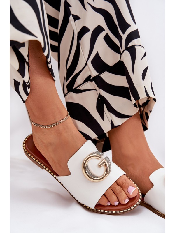 Eco Leather Flat Women's Sandals With Decorative Detail White Frelie