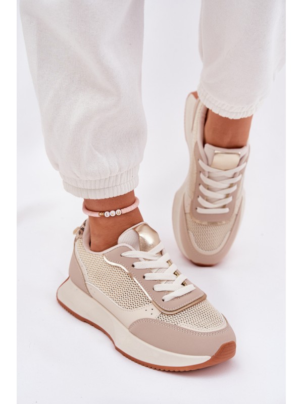 Ladies Sports Shoes With Mesh On Platform Beige Poova