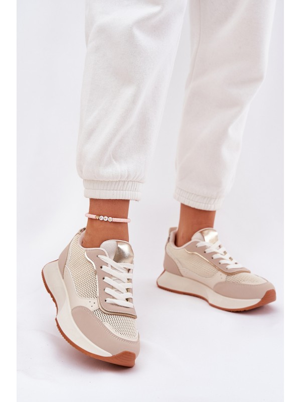 Ladies Sports Shoes With Mesh On Platform Beige Poova