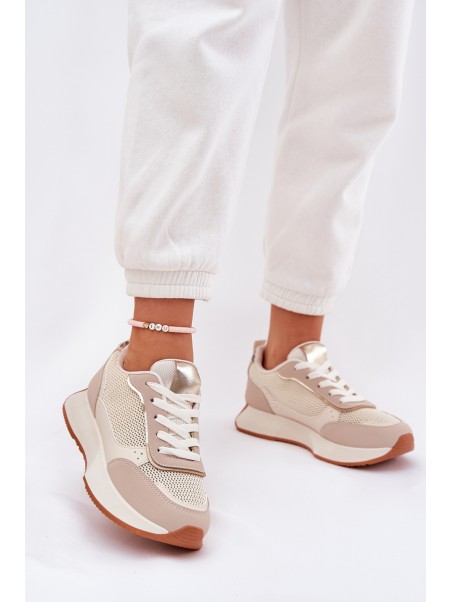 Ladies Sports Shoes With Mesh On Platform Beige Poova