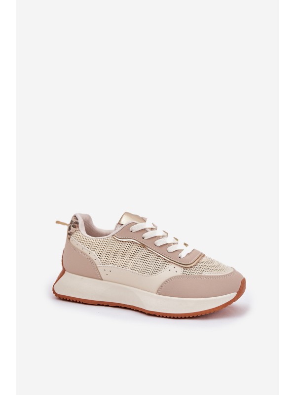 Ladies Sports Shoes With Mesh On Platform Beige Poova