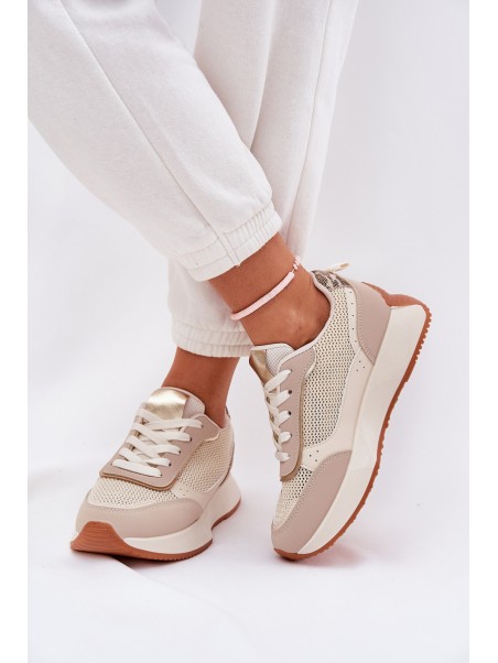 Ladies Sports Shoes With Mesh On Platform Beige Poova