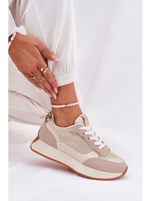 Ladies Sports Shoes With Mesh On Platform Beige Poova