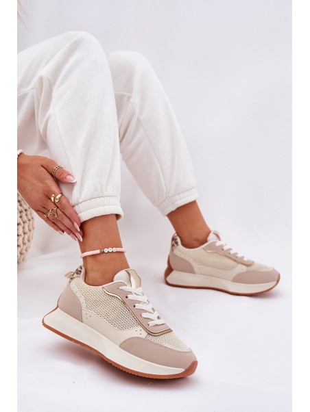 Ladies Sports Shoes With Mesh On Platform Beige Poova