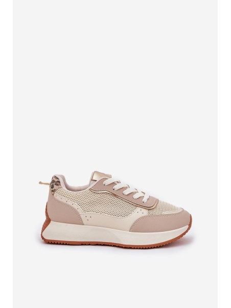 Ladies Sports Shoes With Mesh On Platform Beige Poova