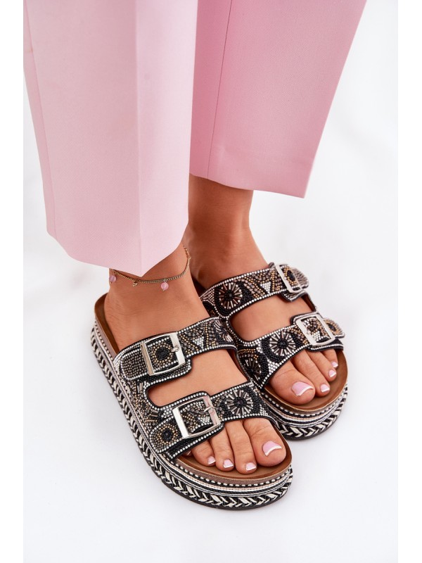 Slides with decoration and buckles on platform black Mellene