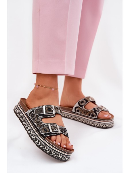 Slides with decoration and buckles on platform black Mellene