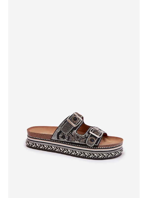 Slides with decoration and buckles on platform black Mellene