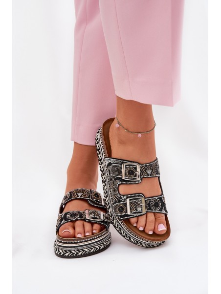 Slides with decoration and buckles on platform black Mellene